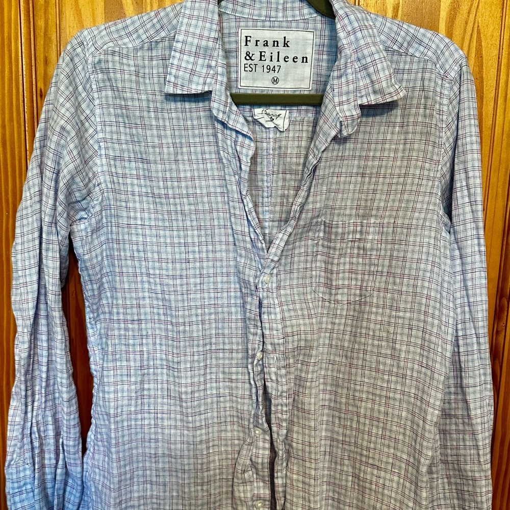 Frank & Eileen blue plaid linen shirt size medium